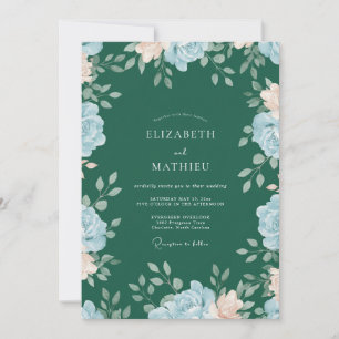 Waldgrüne blaue Blumenhochzeit Einladung