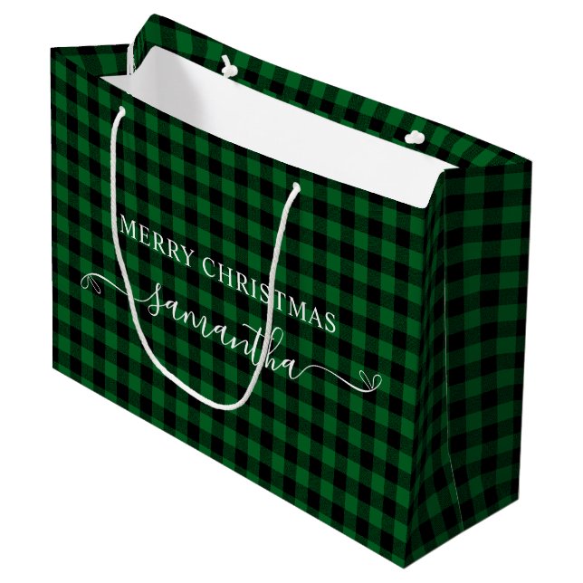 Waldgrüne Buffalo-Karo-Weihnachtsbögen Große Geschenktüte (Vorderseite Schrägansicht)