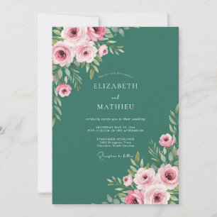 Waldgrüne elegante Rosenhochzeit Einladung