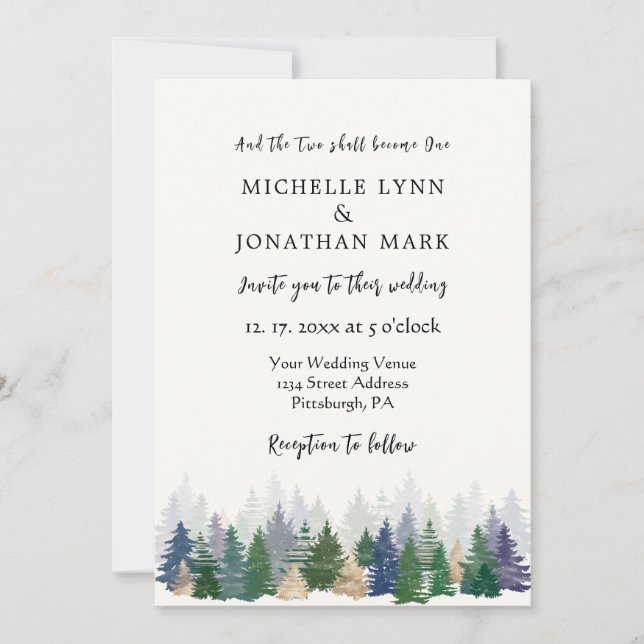 Waldgrüne Goldbäume Minimal Christliche Hochzeit Einladung (Vorderseite)
