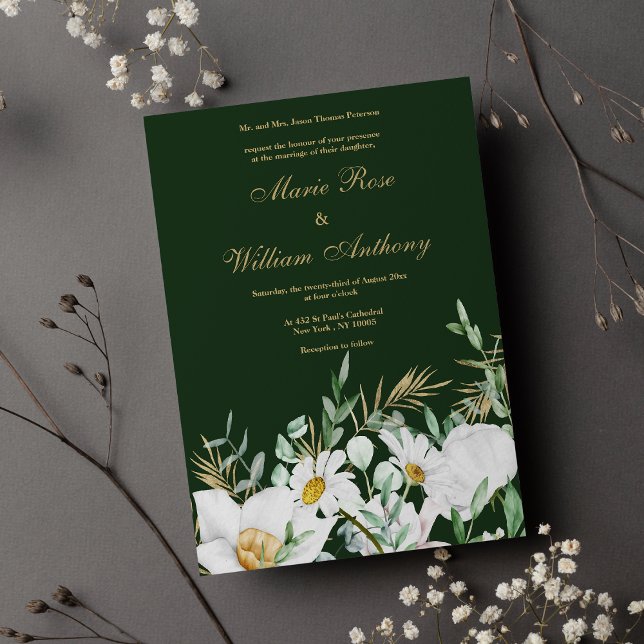 Waldgrüne Goldkühe Einladung (Forest green white gold daisies floral Wedding )