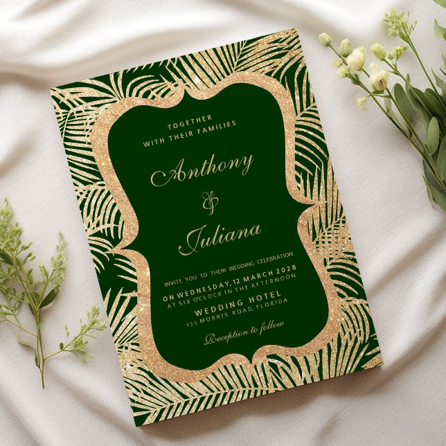 Waldgrüne Goldpalme Glitzer Hochzeit Einladung (Forest green gold glitter palm tree leaf Wedding )