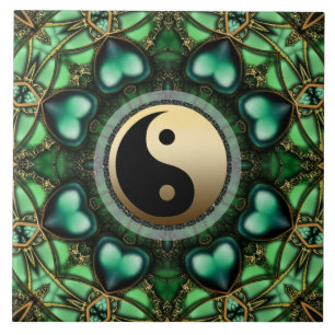 Waldgrüne Herzen Gold Yin Yang Keramikfliese