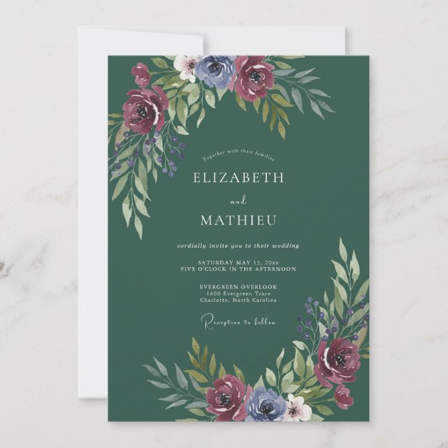 Waldgrüne melancholische Winterhochzeit Einladung (Vorderseite)