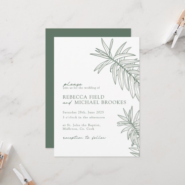 Waldgrüne Minimalistische botanische Hochzeit Einladung (Vorderseite/Rückseite Beispiel)