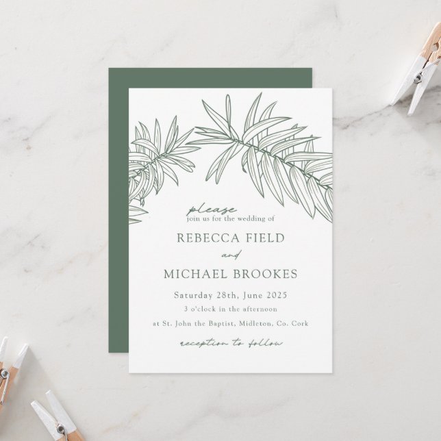 Waldgrüne Minimalistische botanische Hochzeit Einladung (Vorderseite/Rückseite Beispiel)