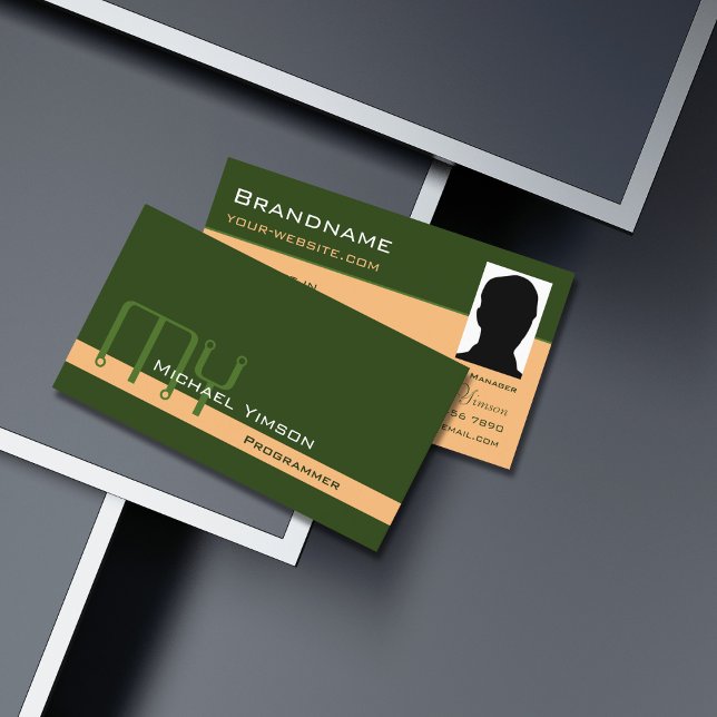 Waldgrüne Pfirsich mit Monogramm und Foto Classic Visitenkarte (Von Creator hochgeladen)