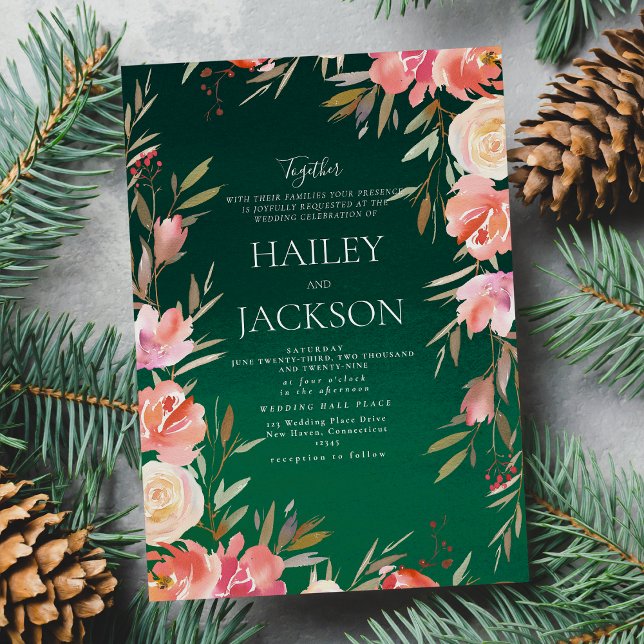 Waldgrüne, rosa Elfenbein Weihnachtsblütenhochzeit Einladung (Forest green pink ivory Christmas floral Wedding )