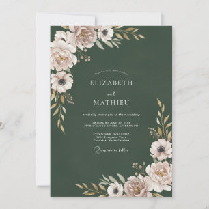 Waldgrüne rosafarbene Floral-Hochzeit Einladung