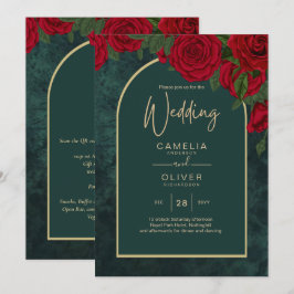 Waldgrüne Rote Rosen Winterhochzeit Einladung