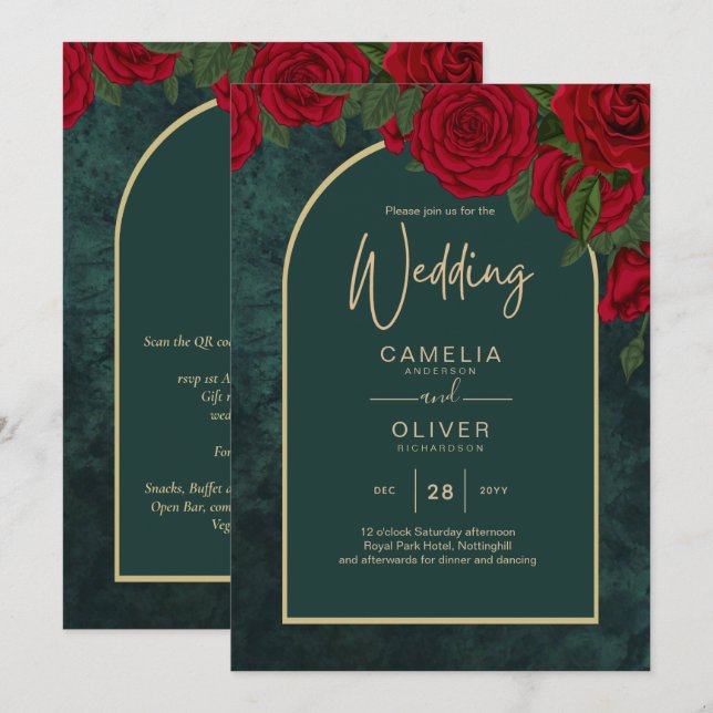 Waldgrüne Rote Rosen Winterhochzeit Einladung (Vorne/Hinten)
