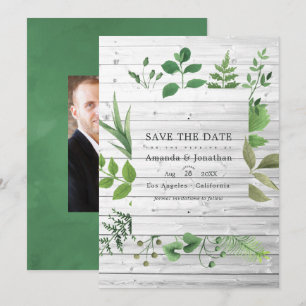 Waldgrüne rustikale Hochzeitsfotos Save The Date