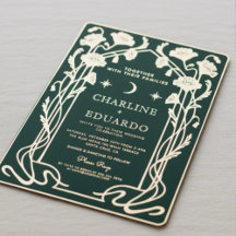 Waldgrüne und goldene Art Nouveau-Hochzeitseinladu