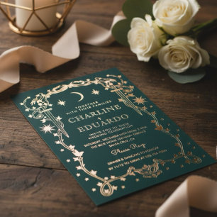 Waldgrüne verzierte himmlische Hochzeit Folieneinladung