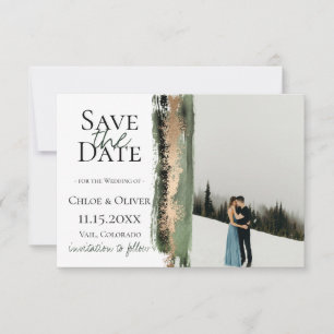 Waldgrüner goldener Pinsel Foto Save-The-Date-Kart Ankündigung