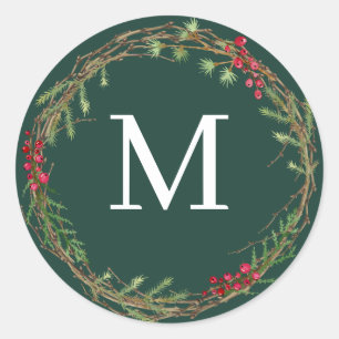 Waldgrüner Weihnachtskranz Monogrammsiegel Runder Aufkleber