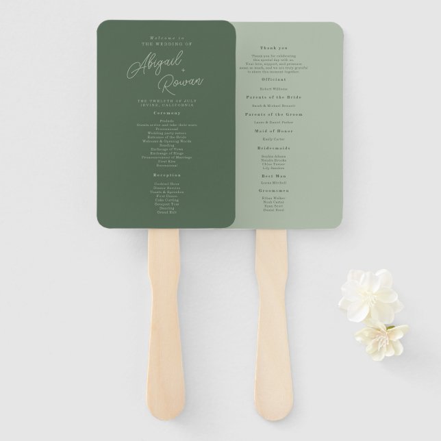 Waldgrünes elegantes Hochzeitsprogramm Fächer (Vorne und Hinten)