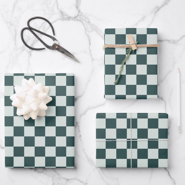 Waldgrünes Moos-Schachbrettmuster Geschenkpapier Set (Vorderseite)