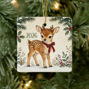 Waldhirsch-Baby erstes Weihnachten personalisiert Keramikornament