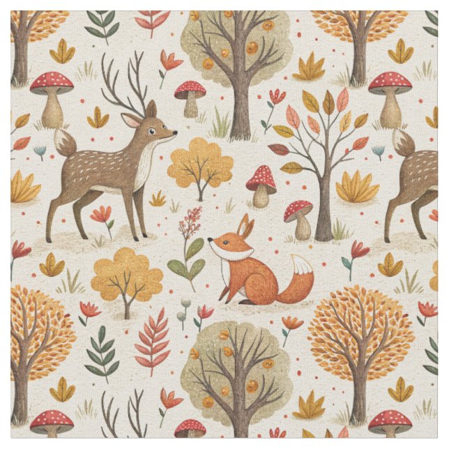 Waldhirsch & Fuchs Herbstwald Tiermuster Stoff (Nahaufnahme)