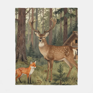 Waldhirsch-Fuchs-Waldhütte-Szene Fleecedecke