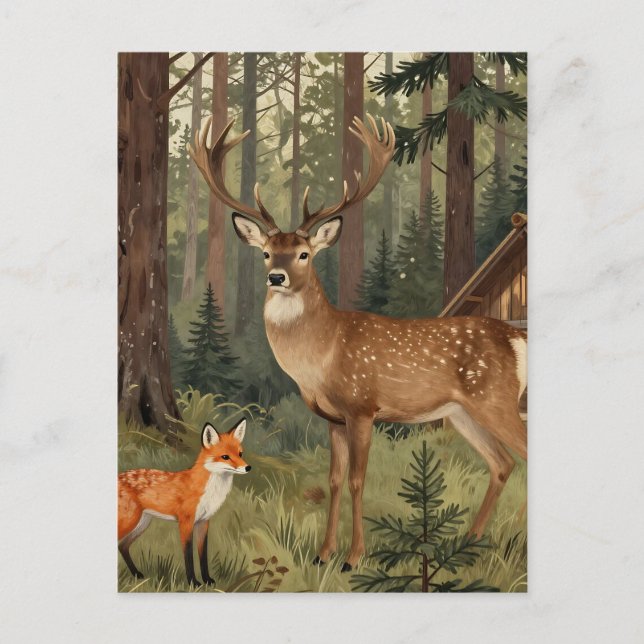 Waldhirsch-Fuchs-Waldhütte-Szene Postkarte (Vorderseite)