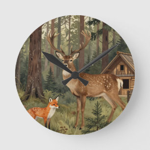 Waldhirsch-Fuchs-Waldhütte-Szene Runde Wanduhr