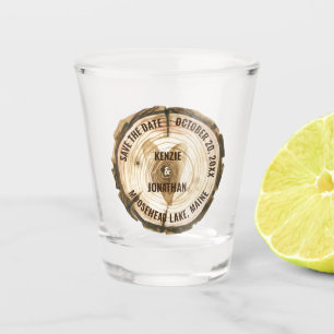 Waldhochzeit rettet das Datums-Baumring-Herz Schnapsglas