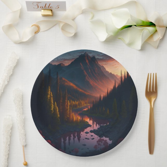 Waldhorizon mit Sonnenuntergang Pappteller (Hochzeit)