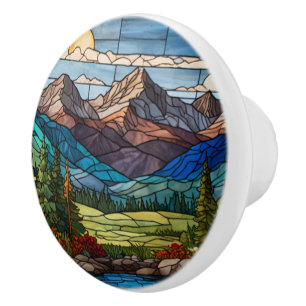 Waldige Bergszene im Stil von altem Buntglas Keramikknauf