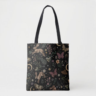 Waldkaninchen-Blumen-Motte Himmelsmuster | Baumwol Tasche