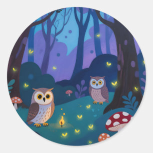 Waldkauz-Illustration bei Nacht Runder Aufkleber