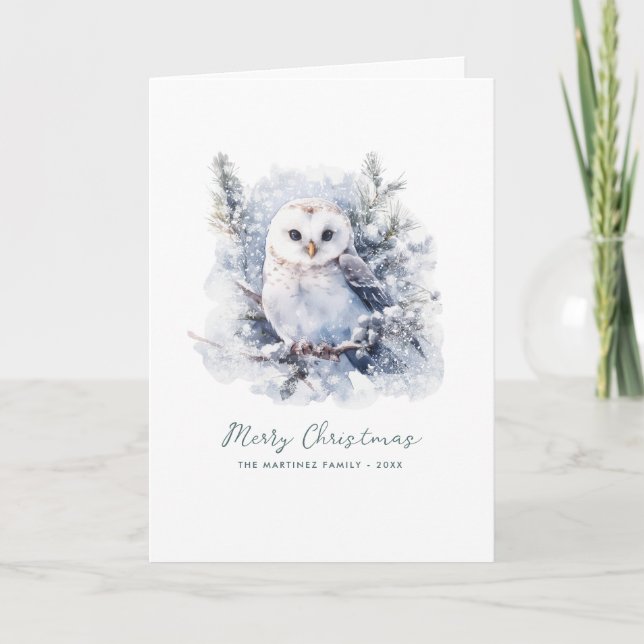 Waldkiefer Owl Frohe Weihnachten geklappt Karte (Vorderseite)