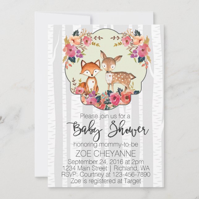 WaldKinderzimmer-Babyrotwild-und Fox-Baby-Dusche Einladung (Vorderseite)