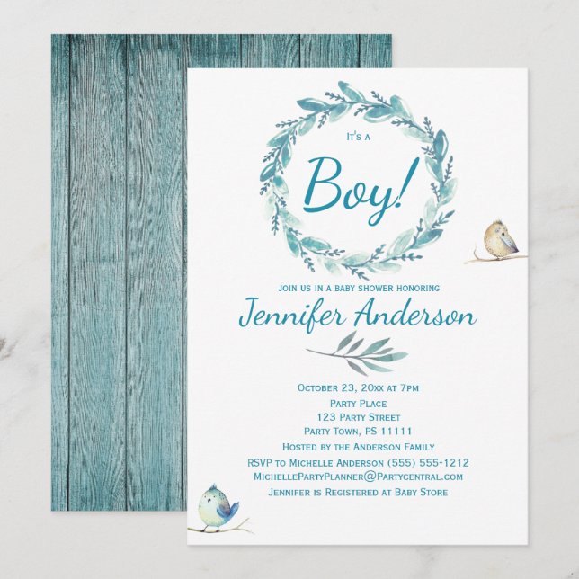 WaldKranz-Vogel-rustikale Land-Jungen-Babyparty Einladung (Vorne/Hinten)