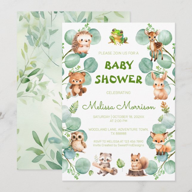 Waldkreaturen - Baby-Boy-Dusche Einladung (Vorne/Hinten)