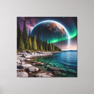 Waldküste unter einem kosmischen Himmel mit Aurora Leinwanddruck