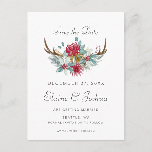 Waldland Deer Floral Antler Save the Date Ankündigungspostkarte (Vorderseite)