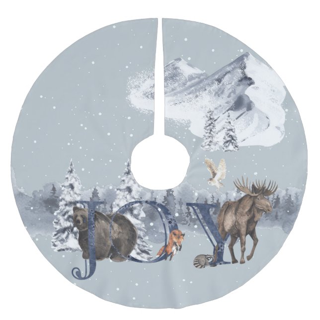 Waldland Elche Bären Snow JOY Bergszene Polyester Weihnachtsbaumdecke (Vorderseite)