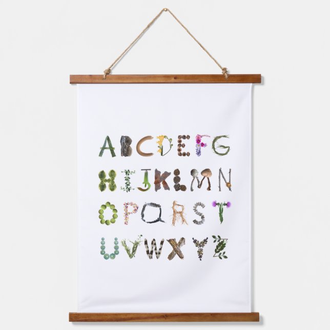 Waldland Natur Alphabet - Gender Neutral Abc Wandteppich Mit Holzrahmen (Vorderseite)