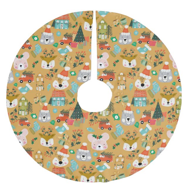 Waldland Niedliche Santa Animals Gelb Polyester Weihnachtsbaumdecke (Vorderseite)