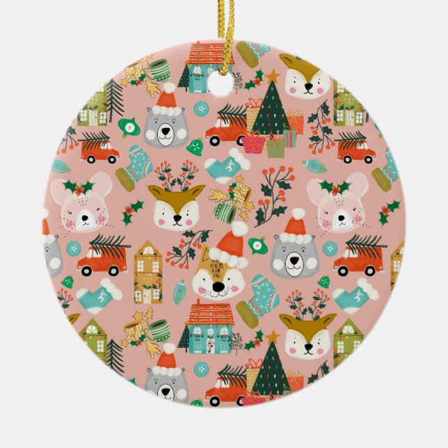 Waldland Niedliche Santa Animals Rosa Keramik Ornament (Vorne)