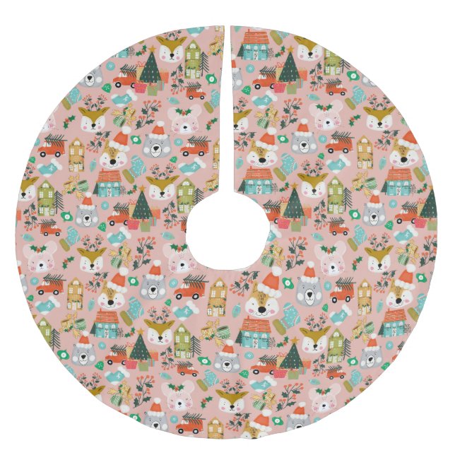 Waldland Niedliche Santa Animals Rosa Polyester Weihnachtsbaumdecke (Vorderseite)