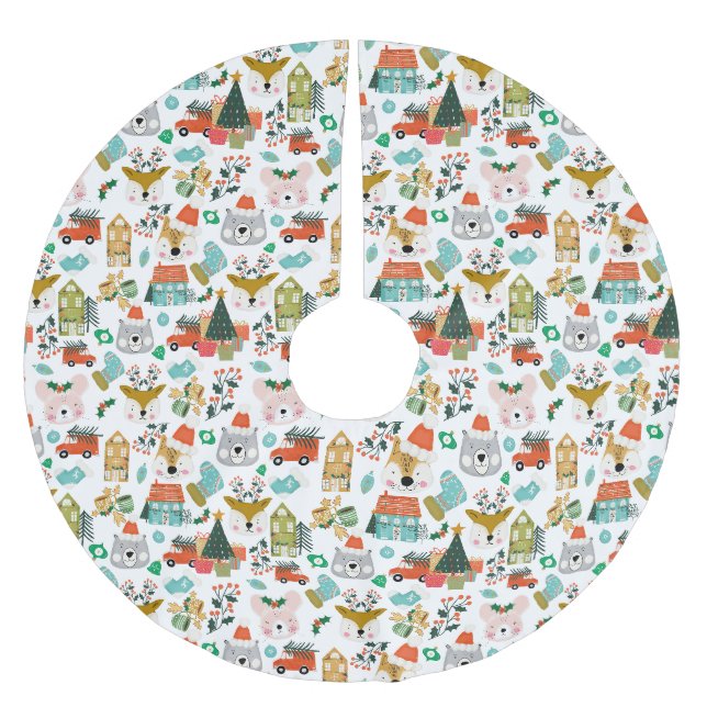 Waldland Niedliche Santa Animals Weiß Polyester Weihnachtsbaumdecke (Vorderseite)