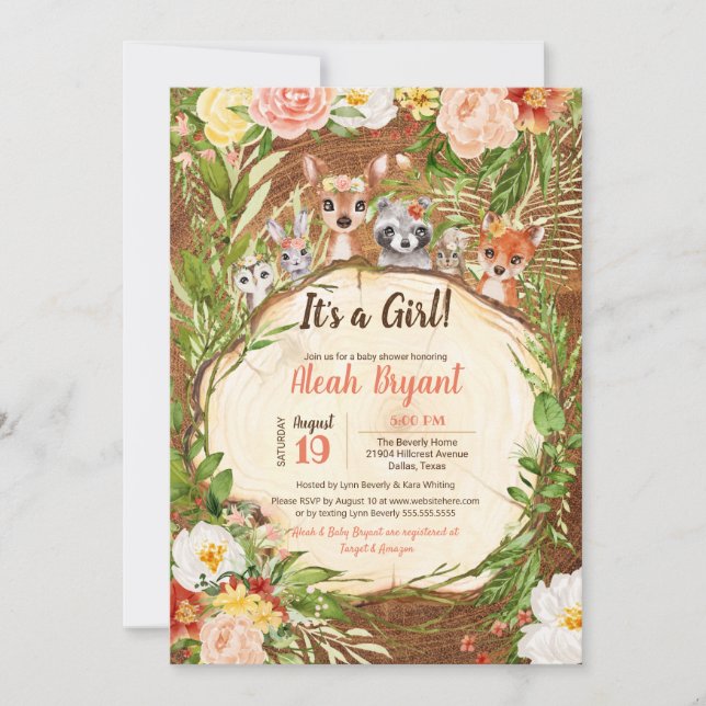 Waldland Niedliche Tiere Forest Girl Wood Baby Dus Einladung (Vorderseite)