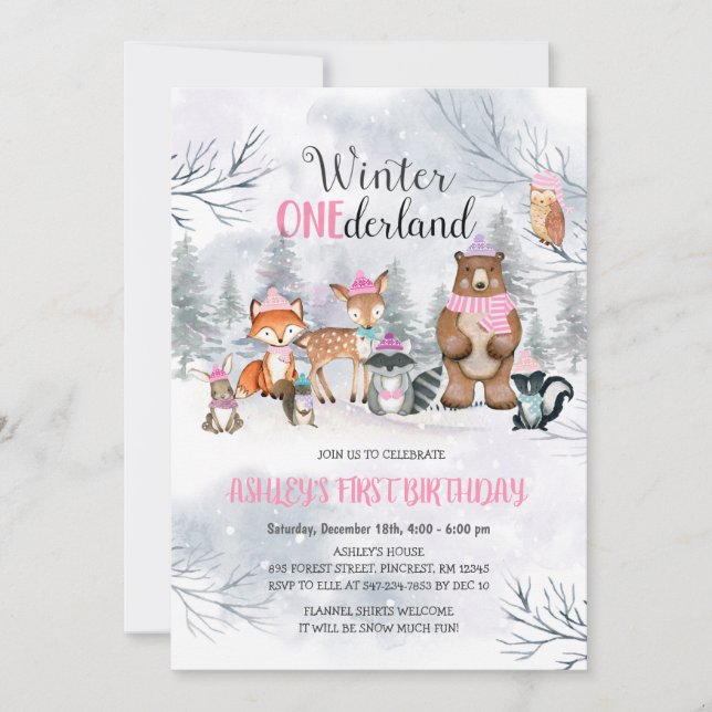 Waldland ONEderland Birthday Girl Einladung (Vorderseite)