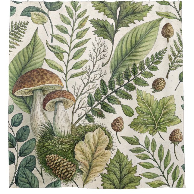 Waldland Pilze Pinecones Ferns Herbstmuster Duschvorhang (Vorderseite)
