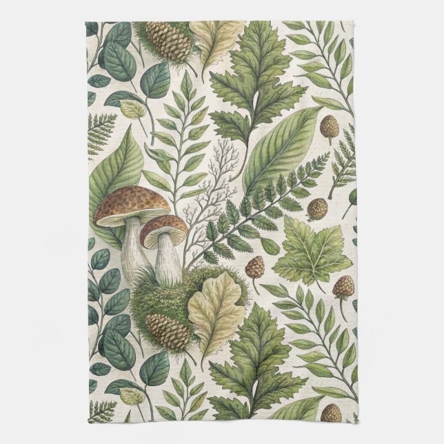 Waldland Pilze Pinecones Ferns Herbstmuster Geschirrtuch (Vertikal)