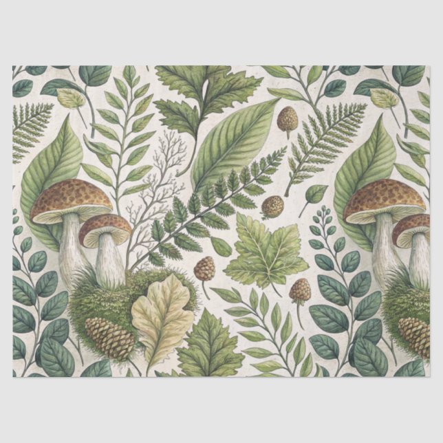 Waldland Pilze Pinecones Ferns Herbstmuster Seidenpapier (Vorderseite)