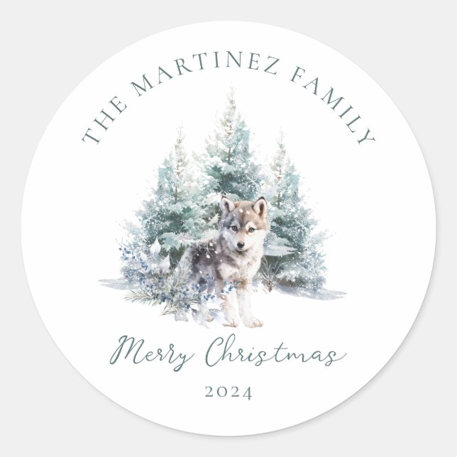 Waldland Pine Forest Wolf Frohe Weihnachten Runder Aufkleber (Vorderseite)